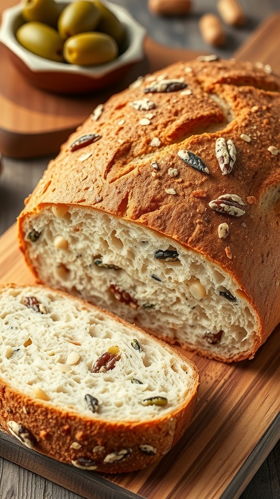 A freshly baked sourdough bread loaf with inclusions, sliced to show its texture, on a wooden board with olives.